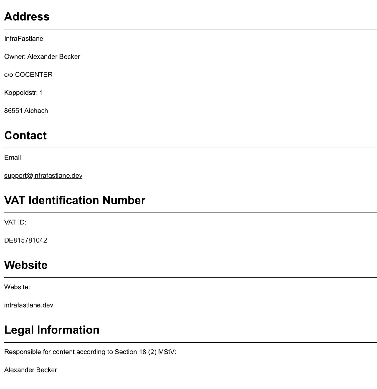 InfraFastlane address, contact and legal information